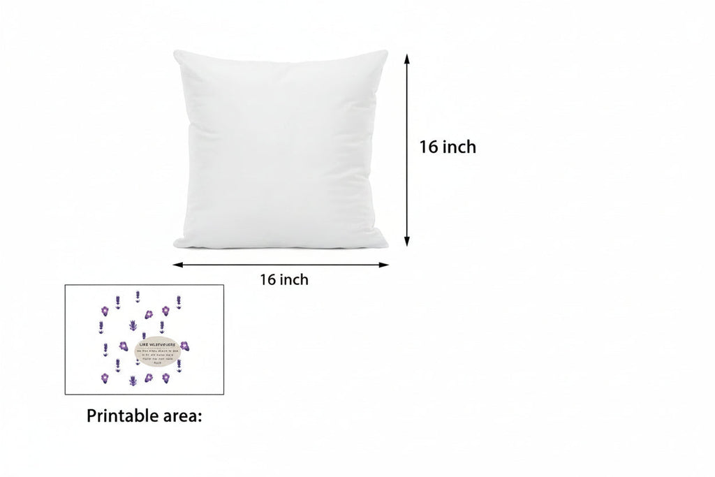 White pillow with dimensions labeled on a white background