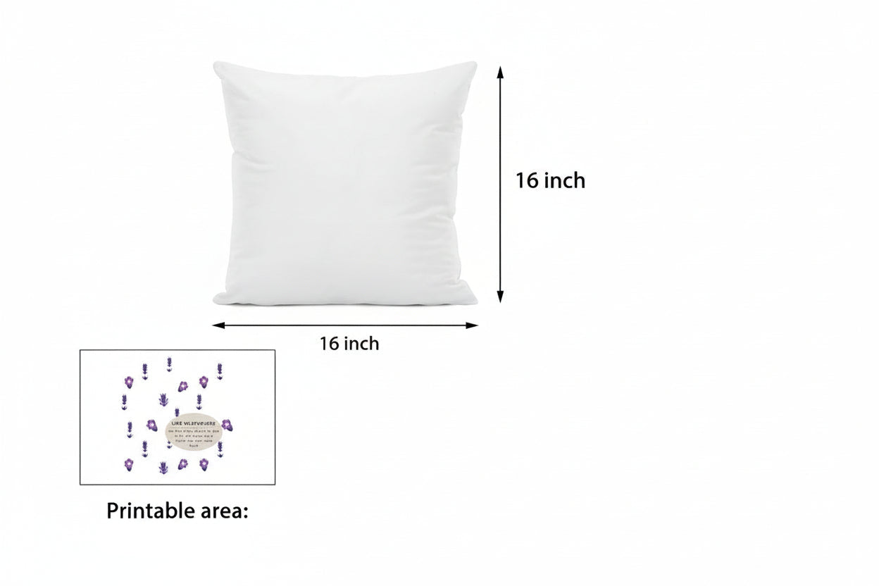 White pillow with dimensions labeled on a white background